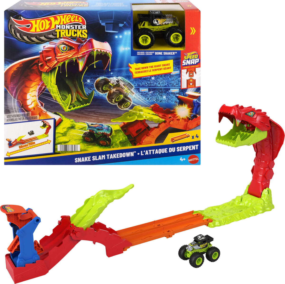 Hot Wheels Snake Slam Takedown track set with Bone Shaker ready for action-packed racing