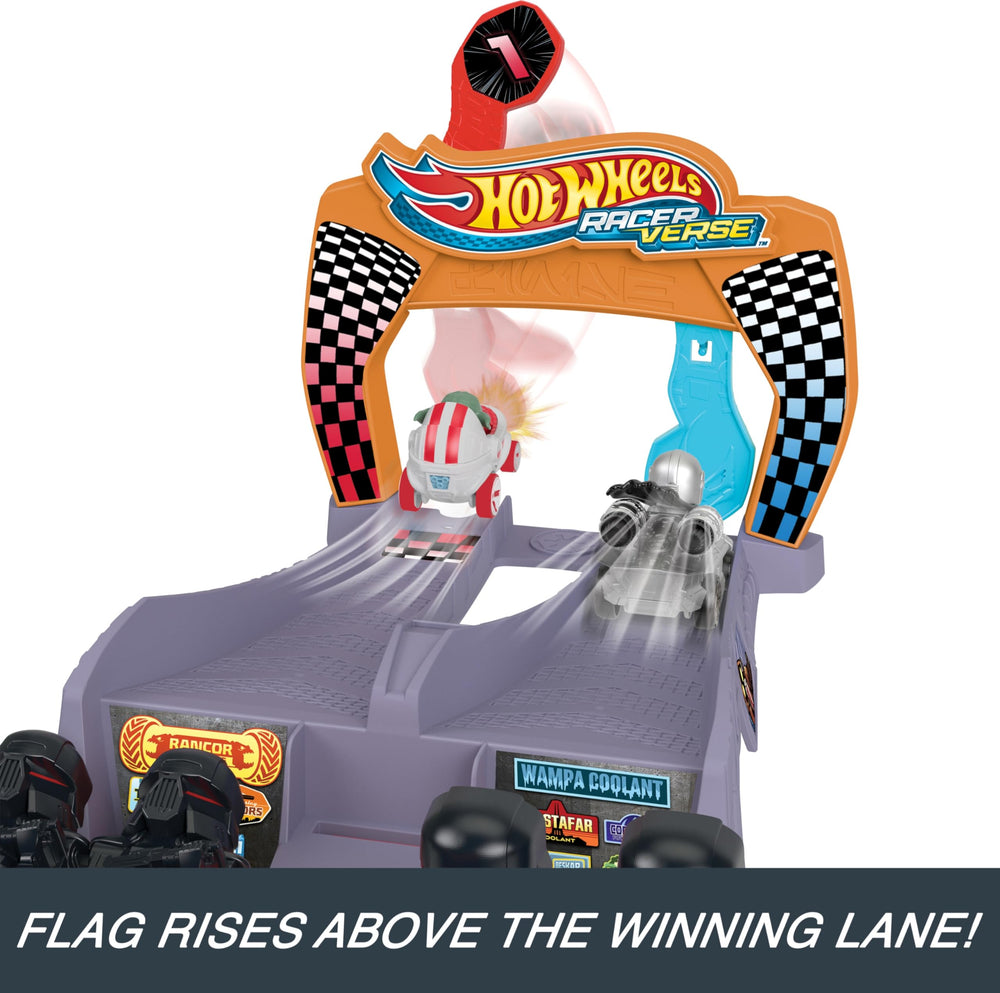 Hot Wheels RacerVerse finish-line flag and stormtrooper obstacles add drama.