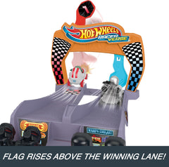 Hot Wheels RacerVerse finish-line flag and stormtrooper obstacles add drama.