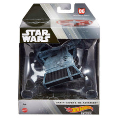 Hot Wheels Darth Vader's TIE Advanced on display stand enhances your Star Wars collection.