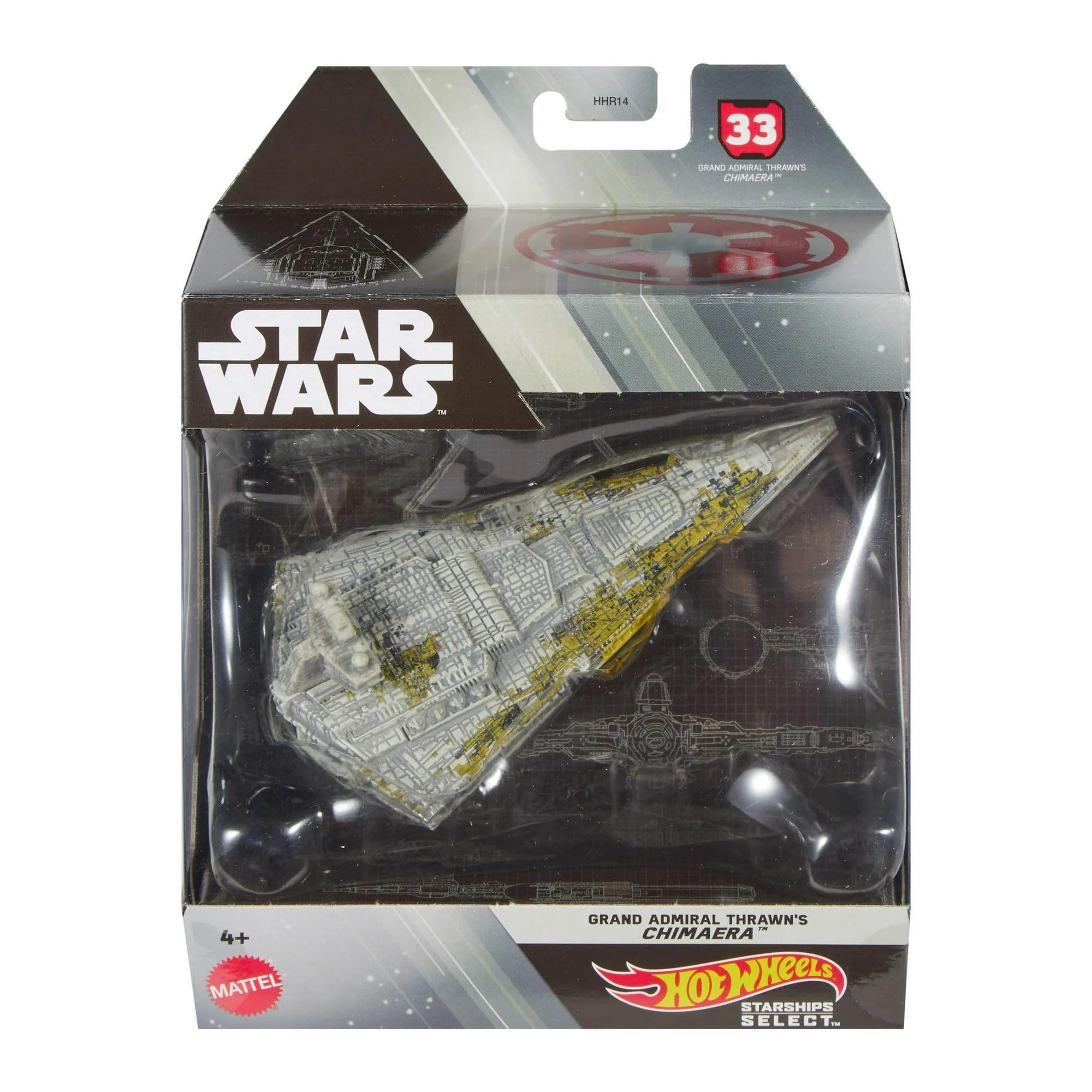 Hot Wheels Star Wars Starships Grand Admiral Thrawn Chimaera model on display stand for collectors.