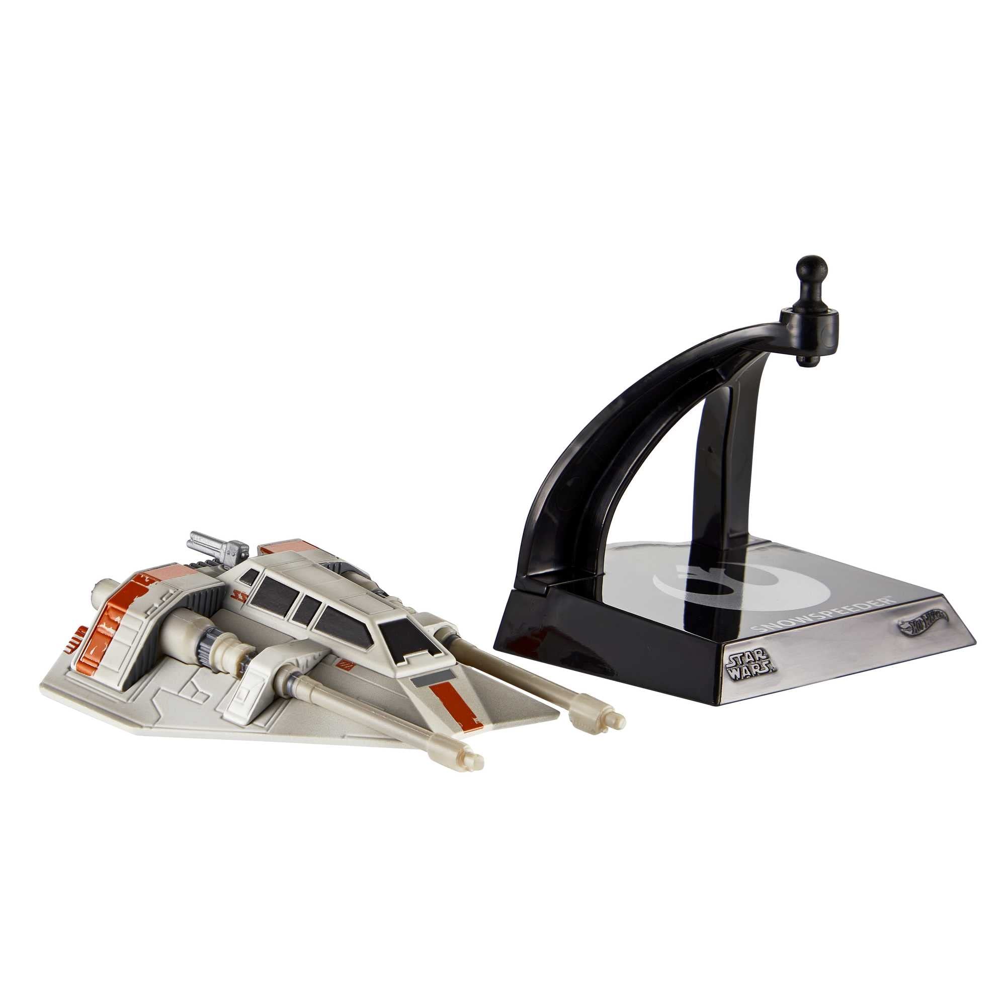 Hot Wheels Star Wars Snowspeeder angled shot emphasizes moveable parts for realism.