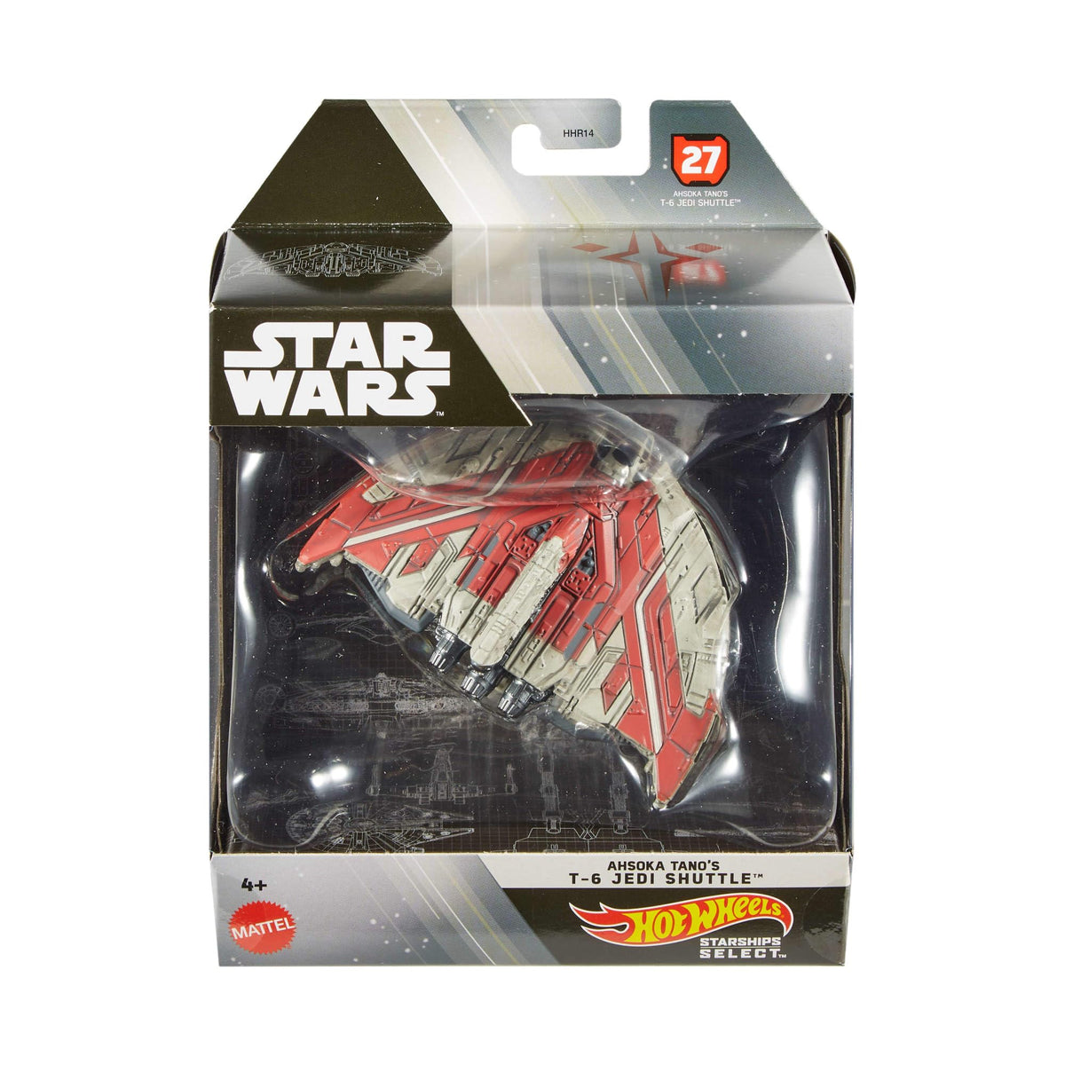 Hot Wheels Star Wars T-6 Jedi Shuttle on display stand showcases premium collectibility.