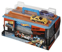 Hot Wheels storage case holds up to 12 cars for organized travel.