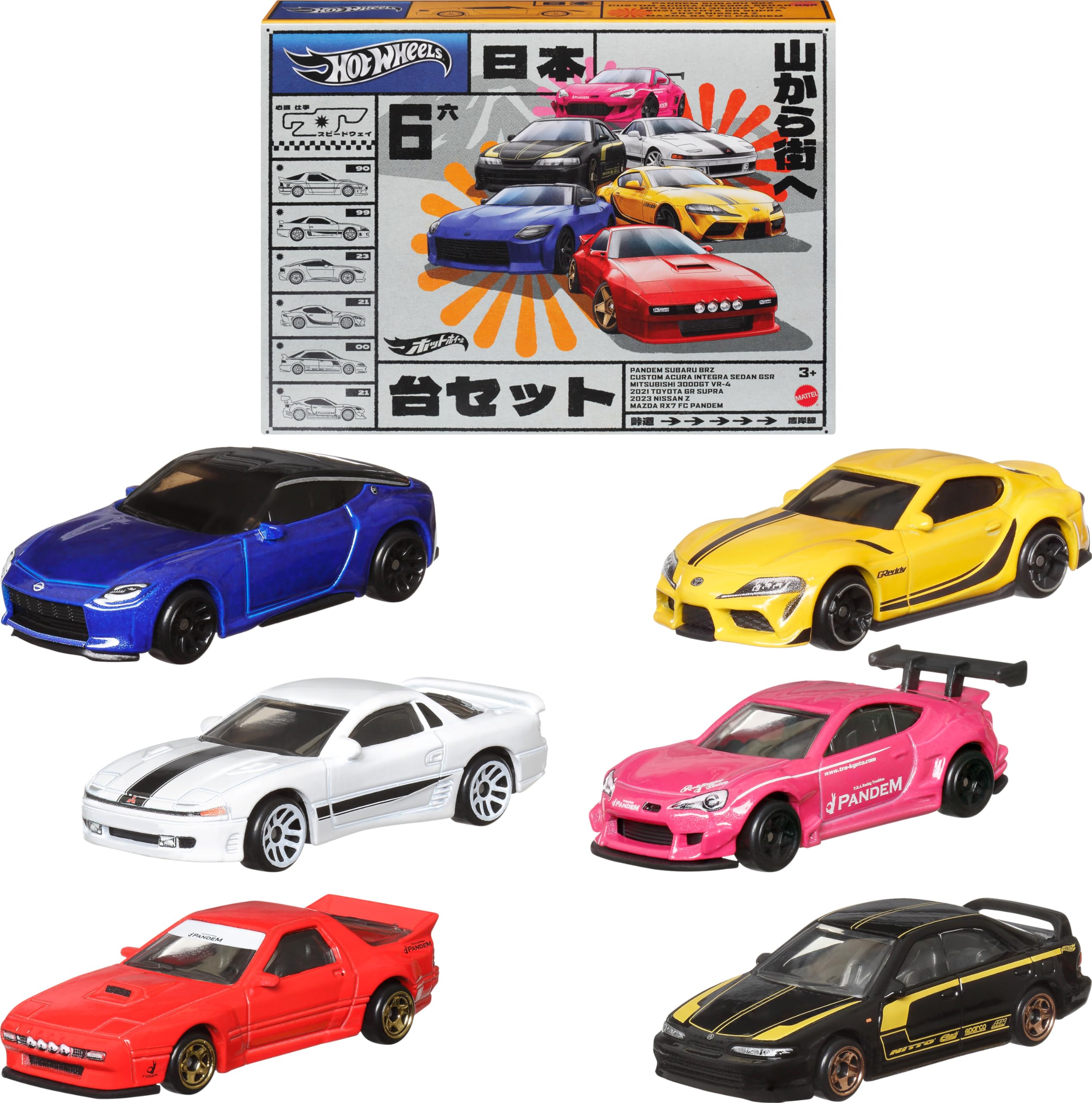 Hot Wheels Streets of Japan 6-pack front view shows vibrant, collectible 1:64 die-cast cars.