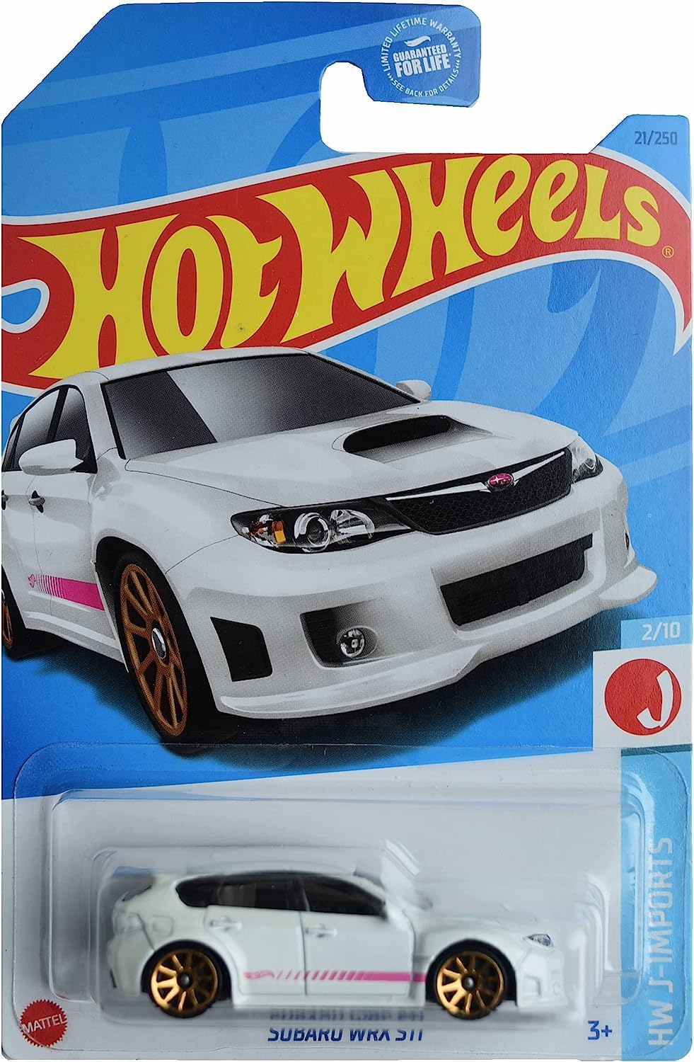 Hot Wheels Subaru WRX STI white side view, ideal for display and collection.