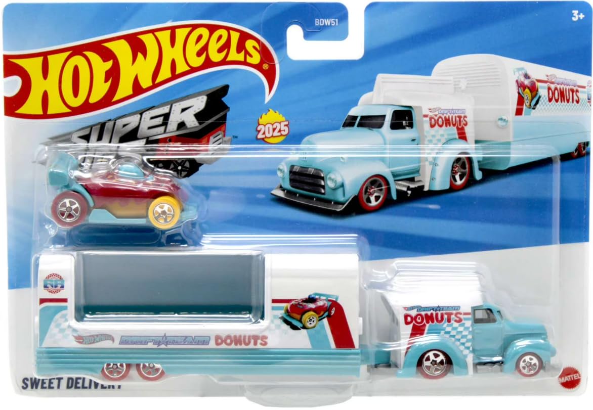 Hot Wheels Super Rigs Sweet Delivery blue and white donut-themed truck for display and play.