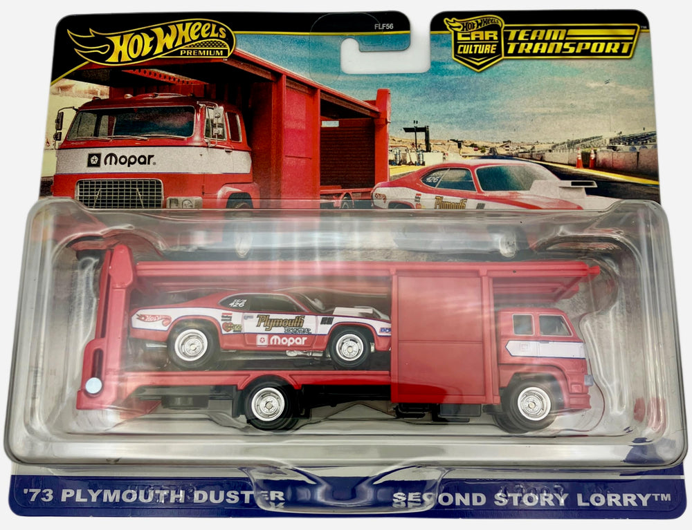 Hot Wheels Team Transport 73 Plymouth Duster model with premium die-cast finish for display.