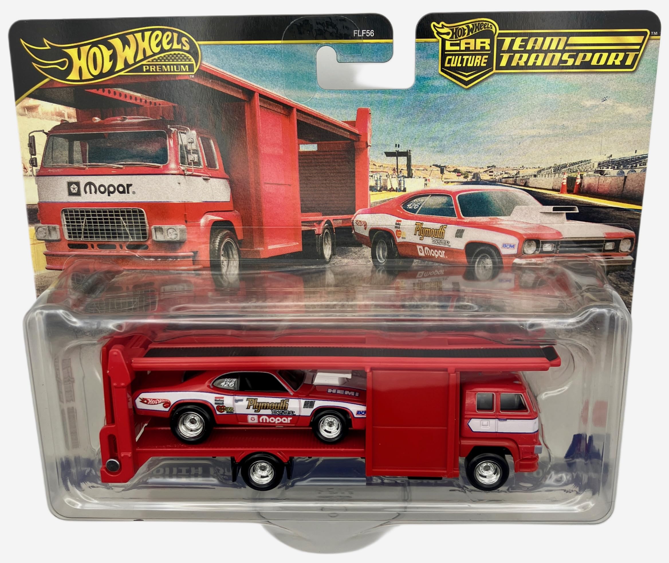 Hot Wheels Team Transport 73 Plymouth Duster image shows loading action for dynamic play.