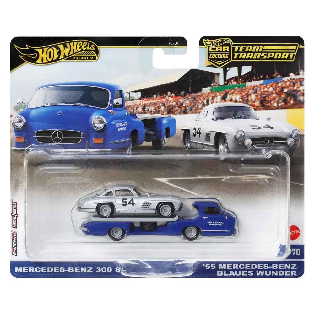 Hot Wheels Team Transport Mercedes-Benz 300 SL front view for display.
