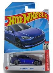 Hot Wheels Tesla Model S Plaid blue die-cast car for display and thrilling miniature drag races.
