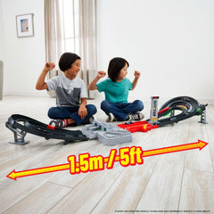 Hot Wheels three-lane booster system enabling simultaneous car action.