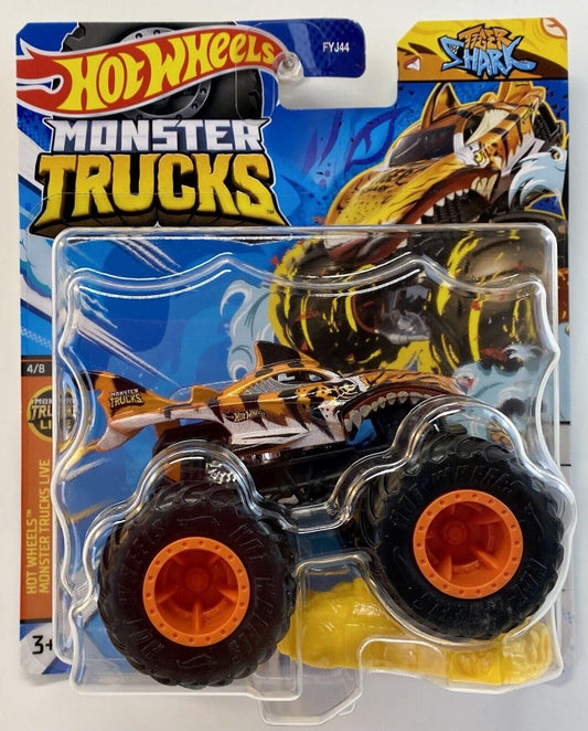 Hot Wheels Tiger Shark monster truck in orange, ideal for imaginative play and display.