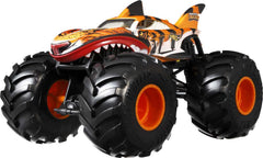 Hot Wheels Tiger Shark truck front view with oversized wheels for epic crashing play.