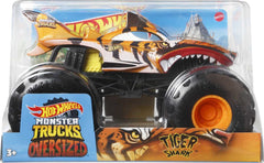 Hot Wheels Tiger Shark packaging back highlights truck stats and action-ready design.