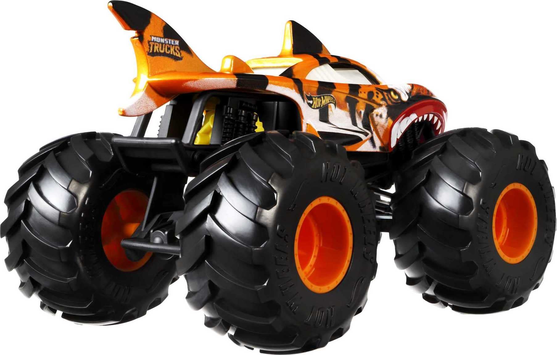 Hot Wheels Tiger Shark truck rear view showing durable die-cast body and big tires.