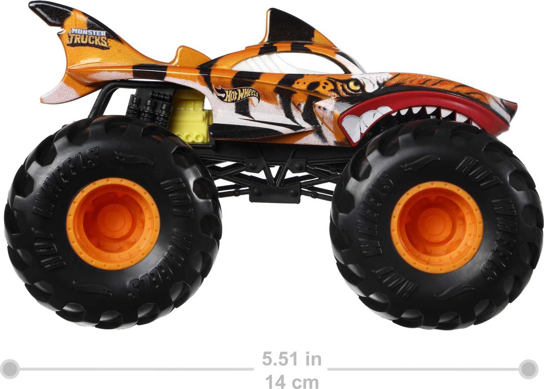 Hot Wheels Tiger Shark truck side profile highlights bold decals for collectors and kids.