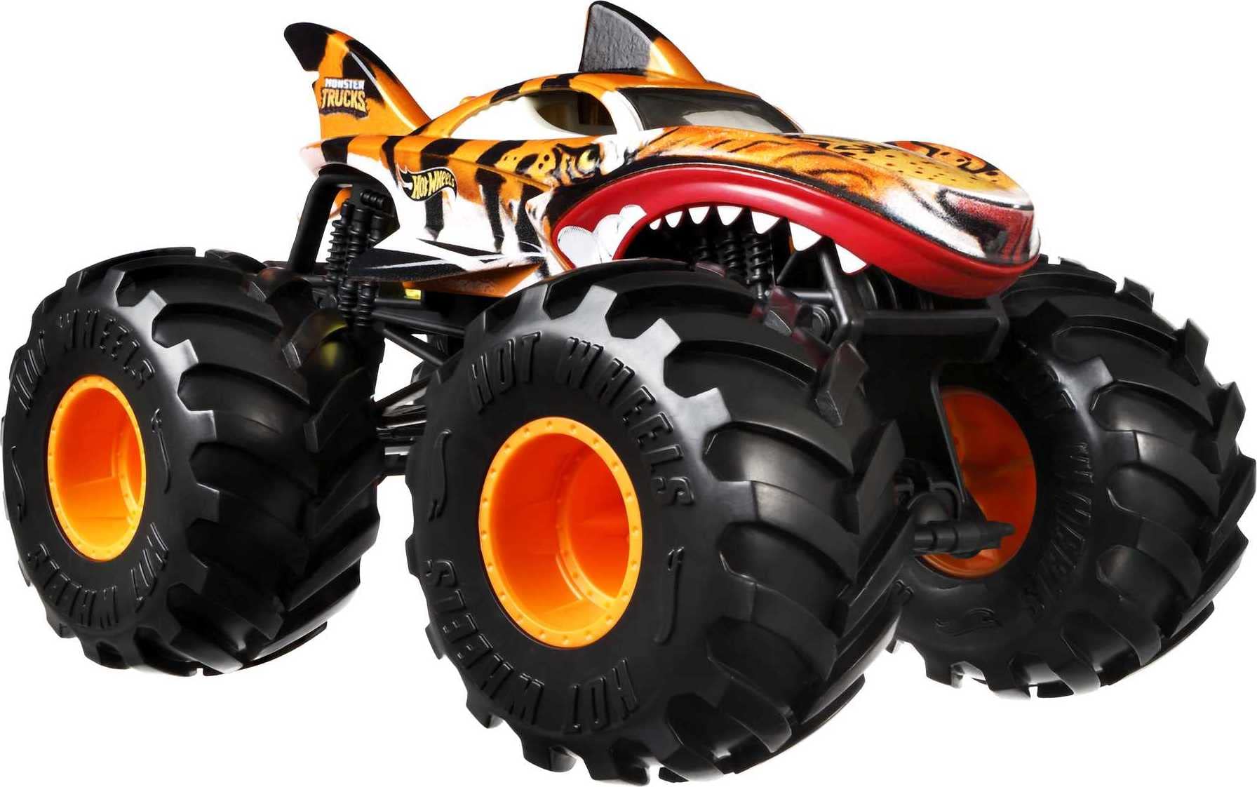 Hot Wheels Tiger Shark wheel close-up captures rugged tread and scale.