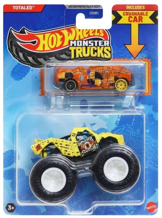 Hot Wheels Totaled Monster Truck crushing a car for dramatic at-home play