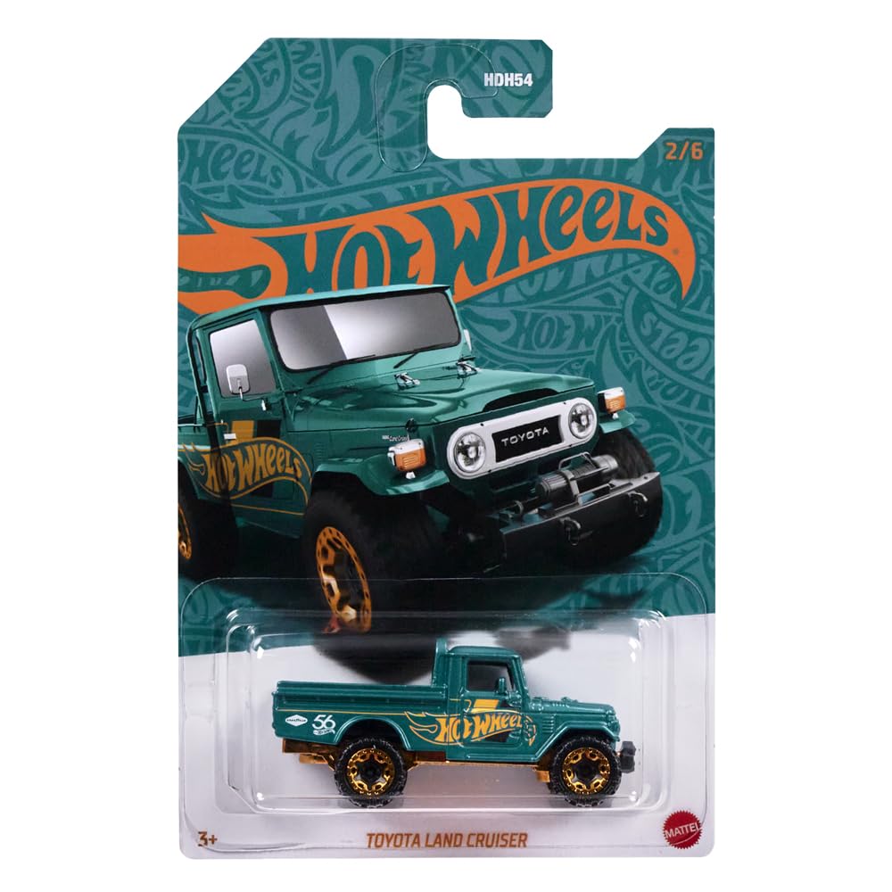 Hot Wheels Toyota Land Cruiser teal and gold on display, ready for showcase.