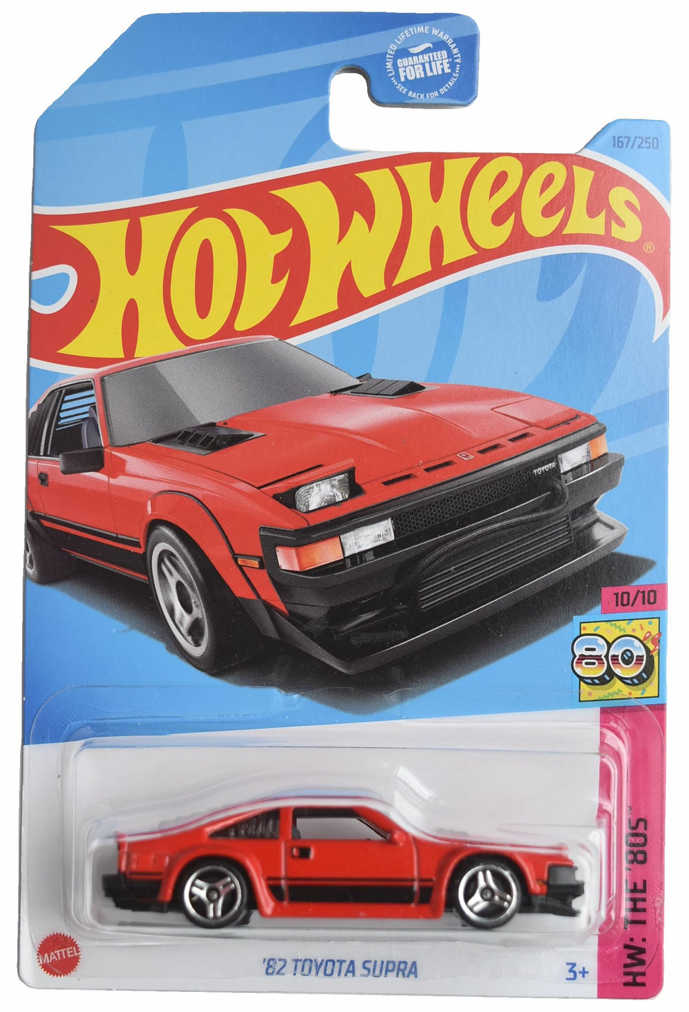Hot Wheels Toyota Supra 1982 red die-cast model perfect for display.