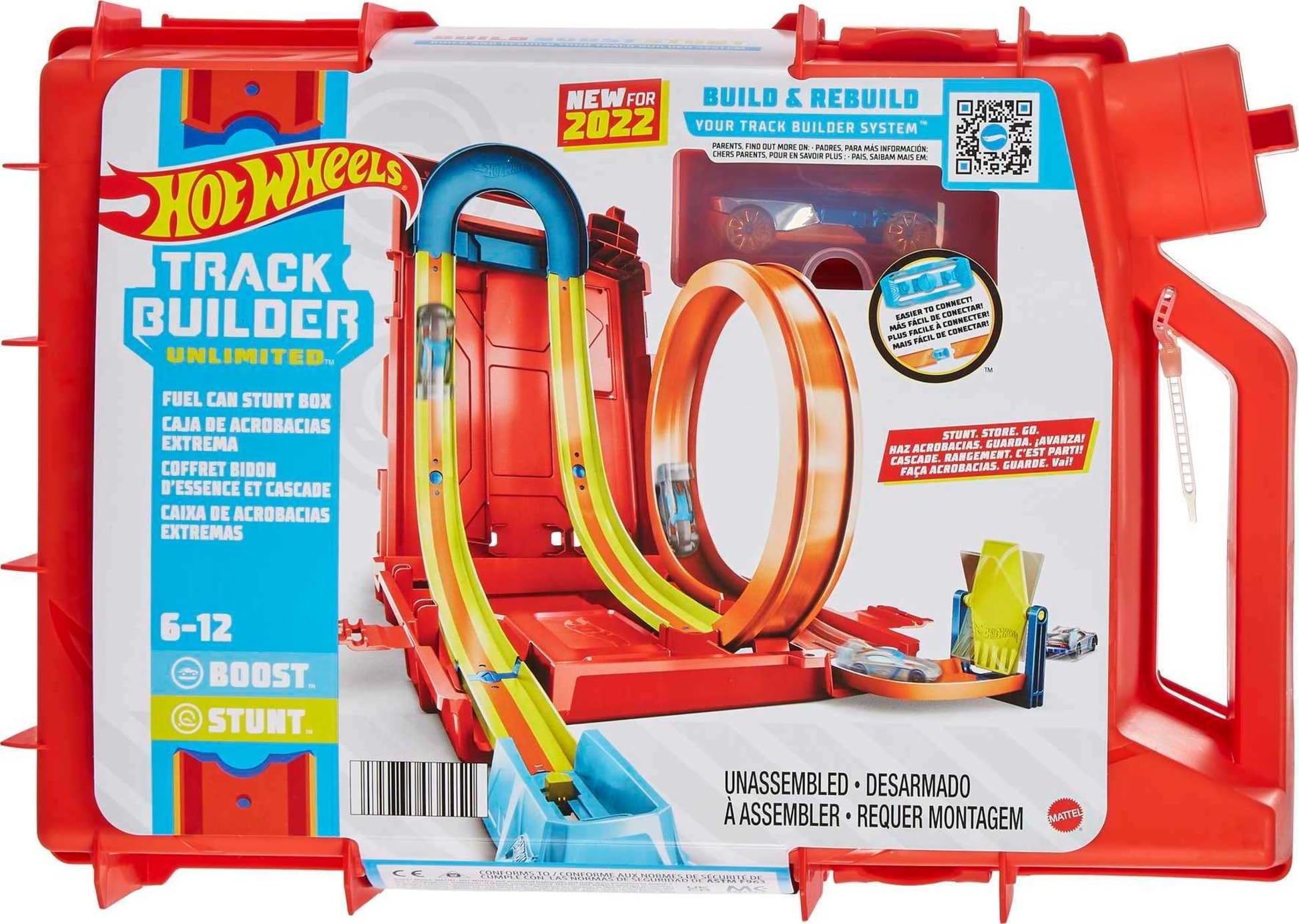 Hot Wheels Track Builder Fuel Can Stunt Box with 14-piece set for racing fun