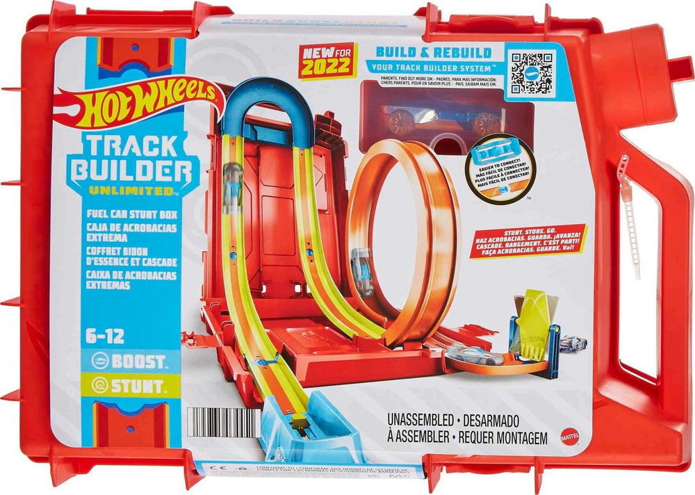 Hot Wheels Track Builder Fuel Can Stunt Box with 14-piece set for racing fun