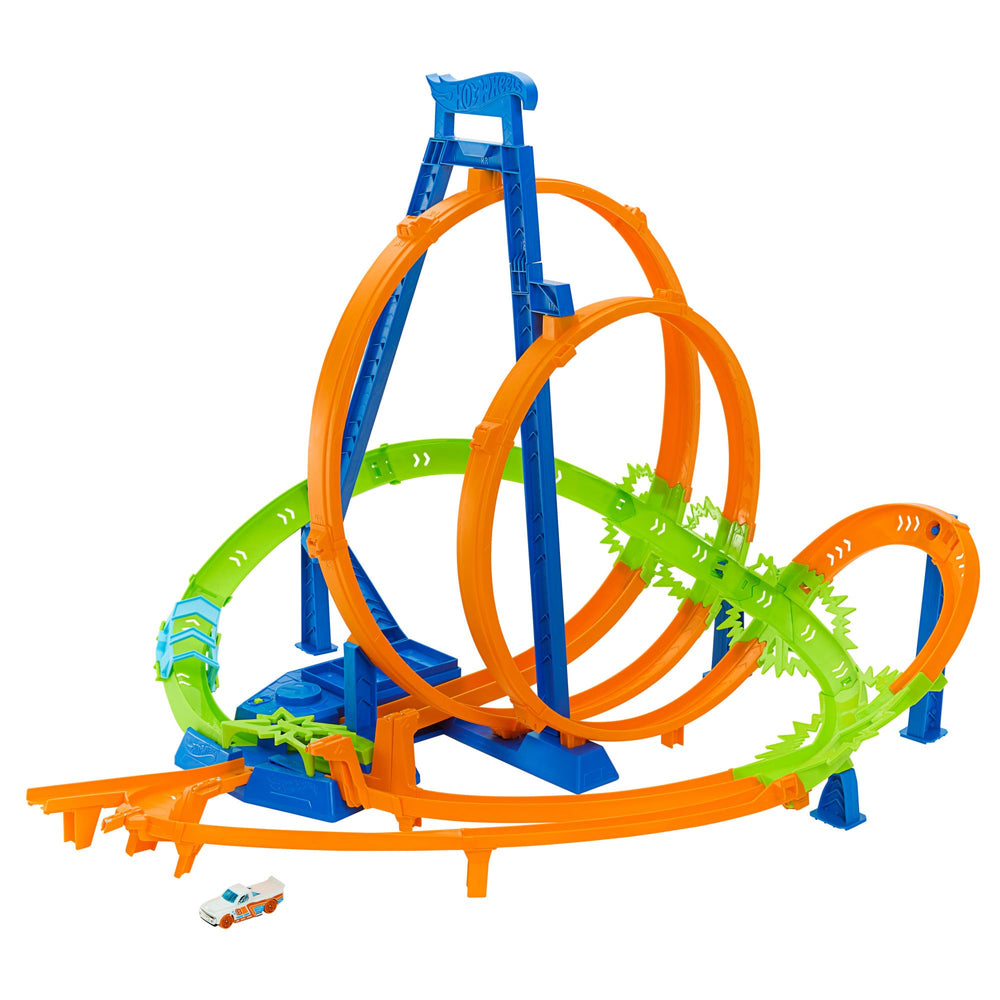 Hot Wheels track collapses for easy storage and portable play.