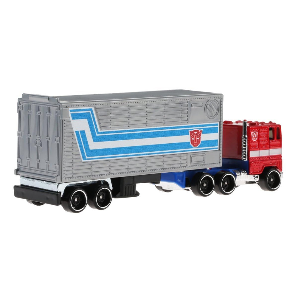 Optimus Prime on a 16-inch Hot Wheels track for high-speed stunts.