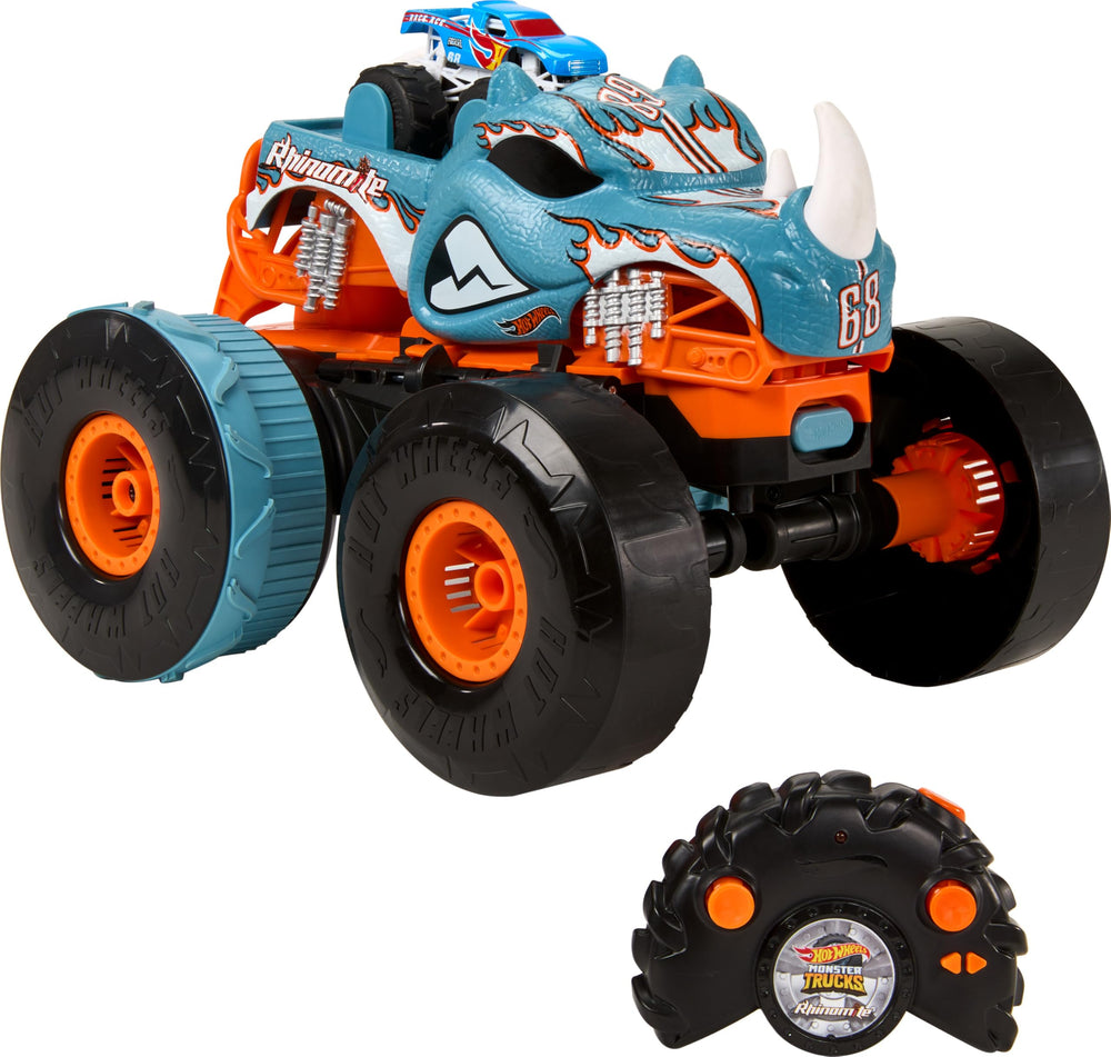 Hot Wheels Transforming Rhinomite RC in action with booster ready for launches