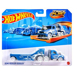 Hot Wheels truck graphics on cab and trailer highlight vibrant design.