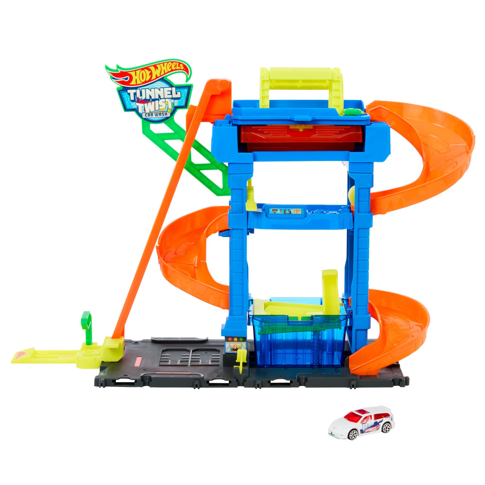 Hot Wheels Tunl Twist Car Wash water trays help contain spills
