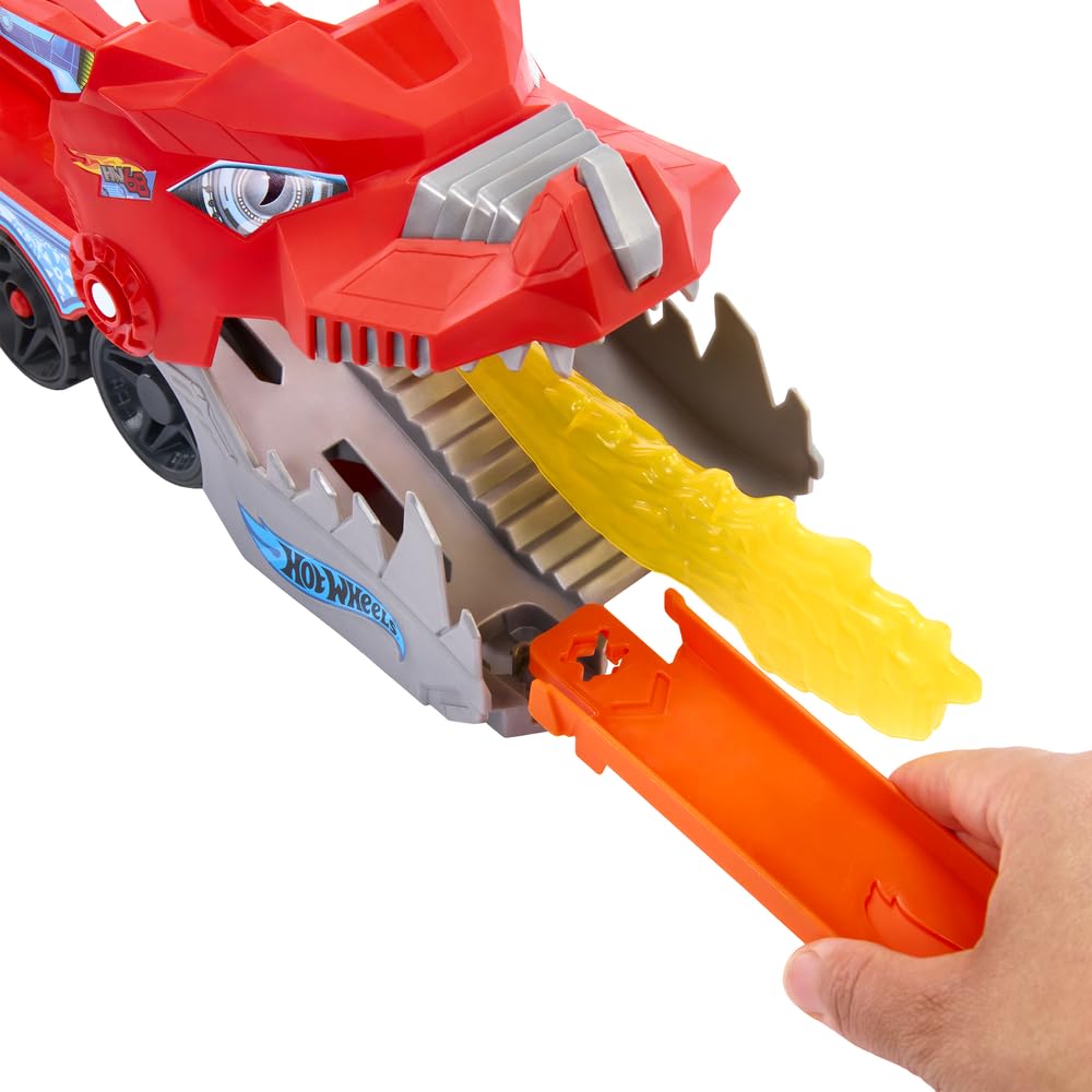 Hot Wheels Ultimate Dual Dragon Transporter dragon hauls cars across vibrant track setups