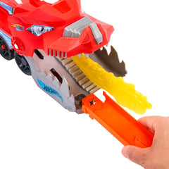 Hot Wheels Ultimate Dual Dragon Transporter dragon hauls cars across vibrant track setups