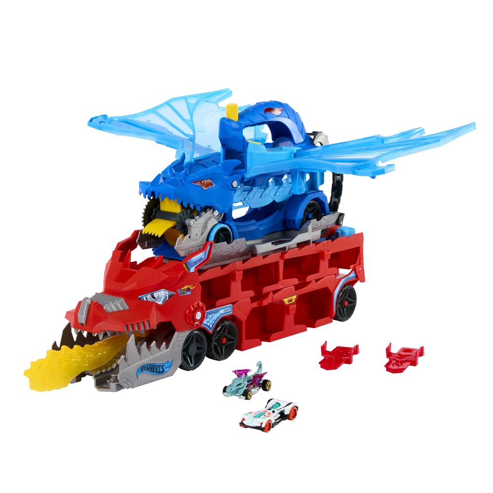 Hot Wheels Ultimate Dual Dragon Transporter front view invites imaginative play with a bold dragon hauler