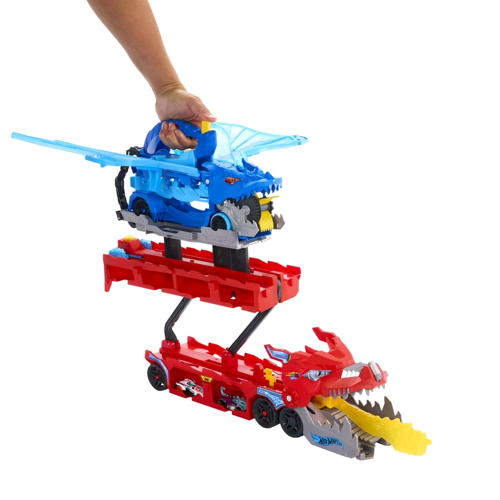 Hot Wheels Ultimate Dual Dragon Transporter launchers release two cars for quick launches