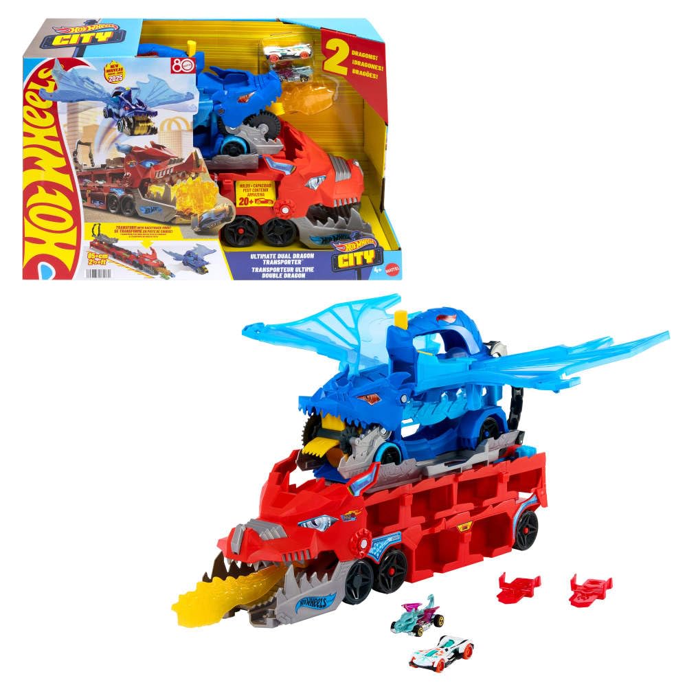Hot Wheels Ultimate Dual Dragon Transporter with dual dragons and space for 20+ cars.