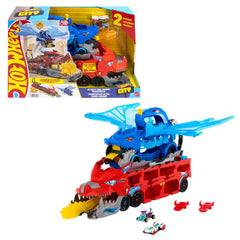 Hot Wheels Ultimate Dual Dragon Transporter with dual dragons and space for 20+ cars.