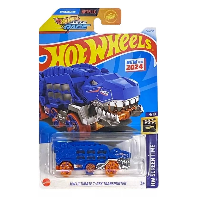 Hot Wheels Ultimate T-Rex Transporter Blue with roaring mouth for portable Jurassic playtime