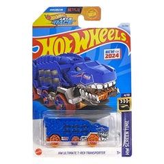 Hot Wheels Ultimate T-Rex Transporter Blue with roaring mouth for portable Jurassic playtime