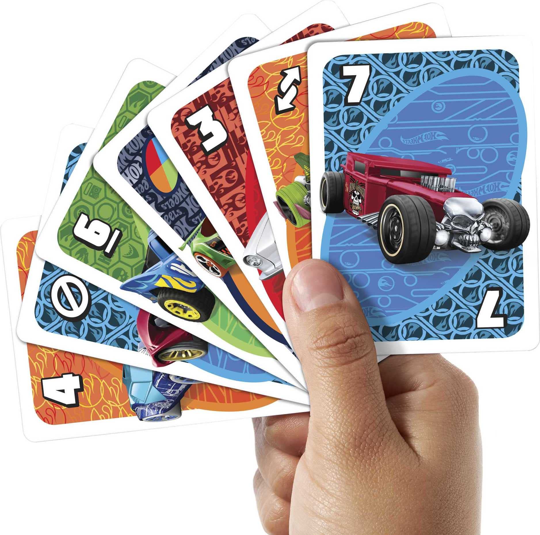 Closeup of UNO cards with Hot Wheels graphics for engaging play.
