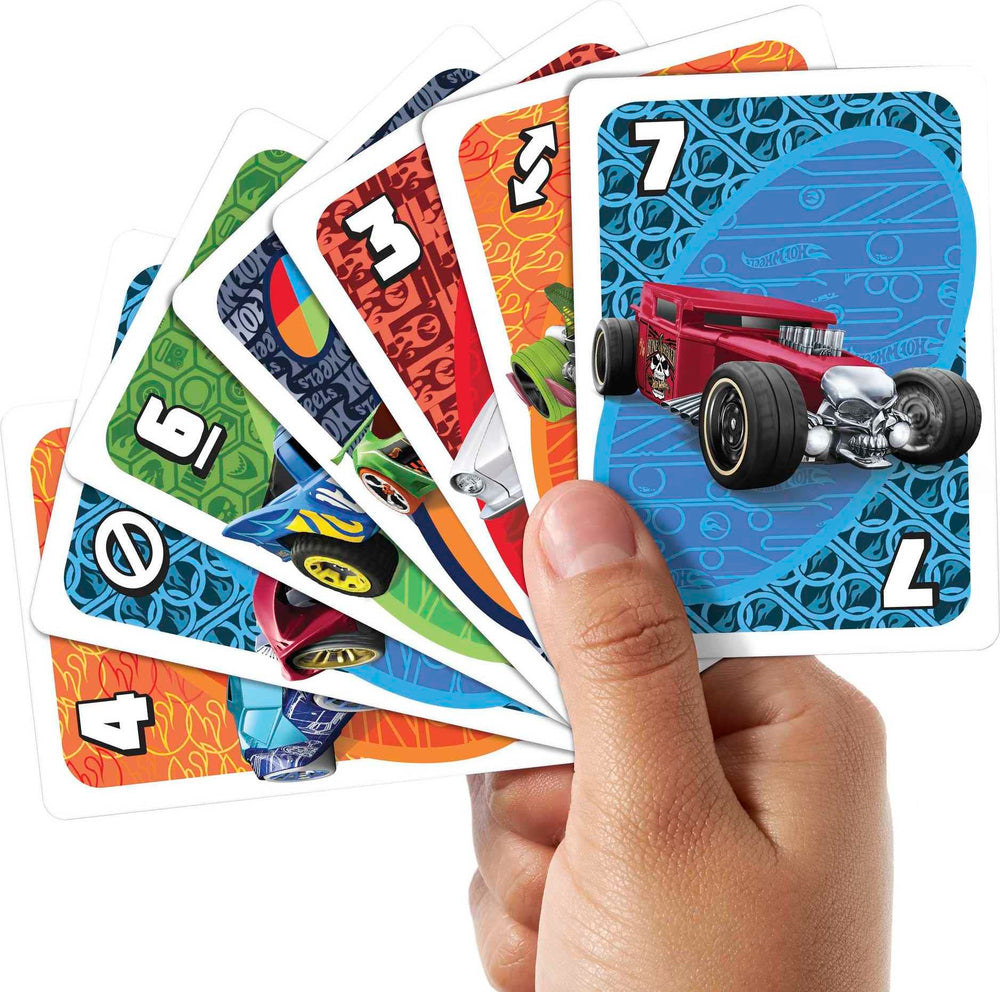 Closeup of UNO cards with Hot Wheels graphics for engaging play.