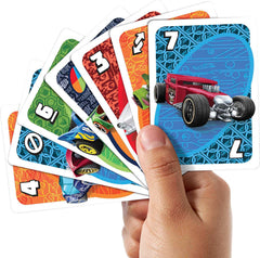 Closeup of UNO cards with Hot Wheels graphics for engaging play.