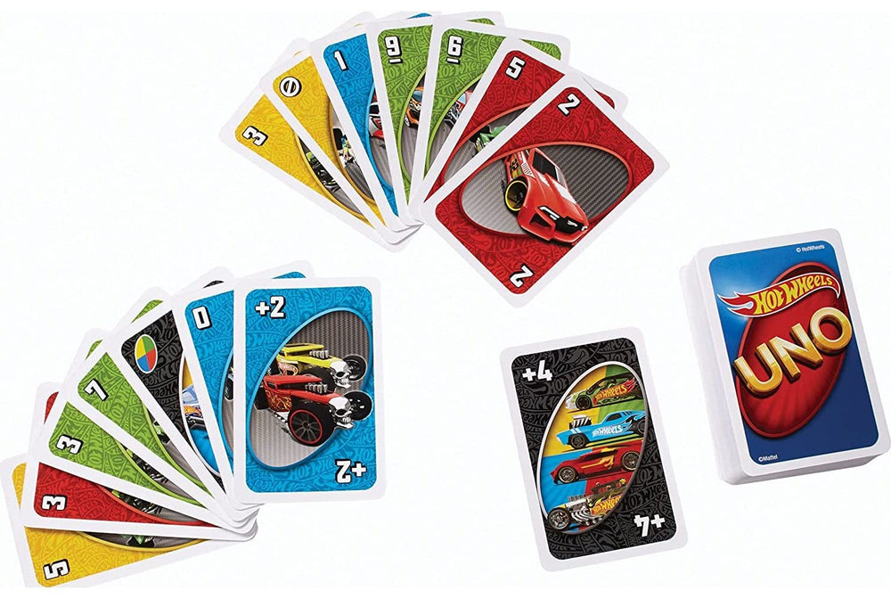 Spread of Hot Wheels UNO cards featuring exotic sports cars for thrilling competition.