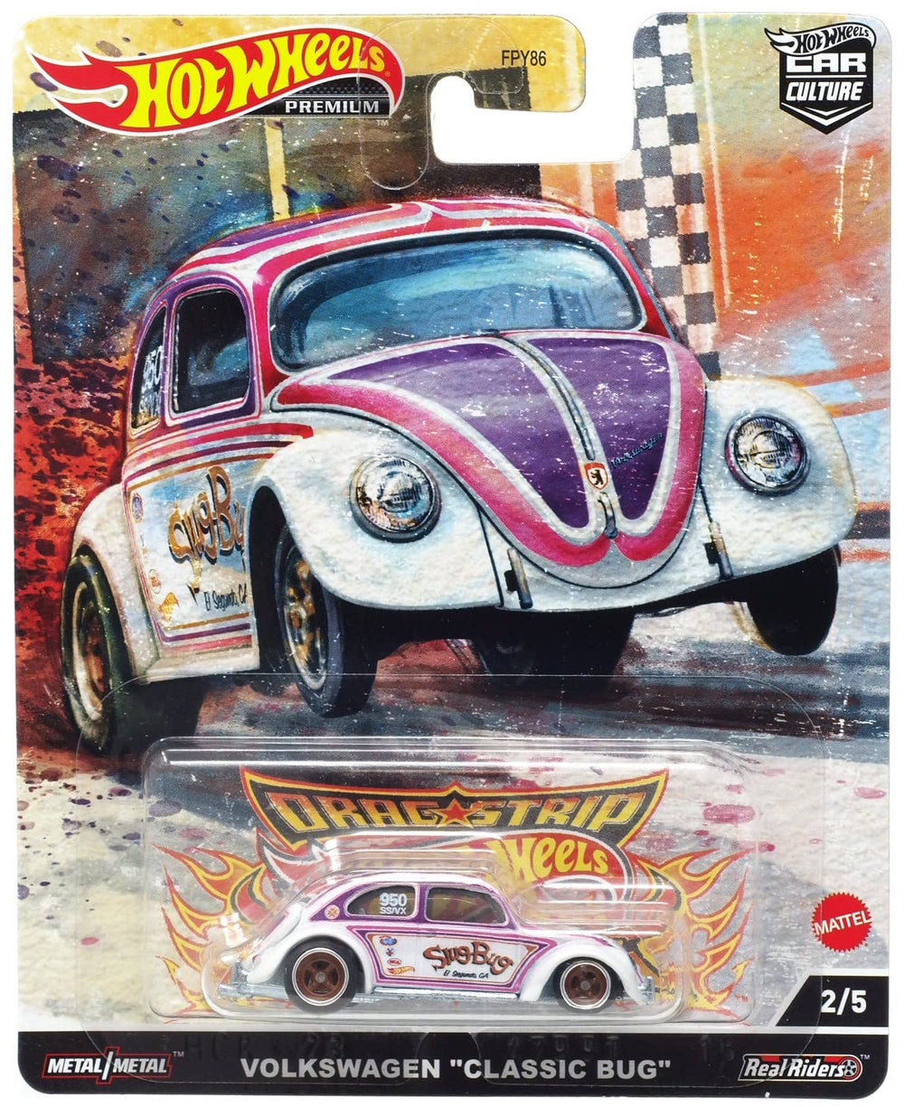 Hot Wheels Volkswagen Classic Bug side view with Real Riders detail for display.