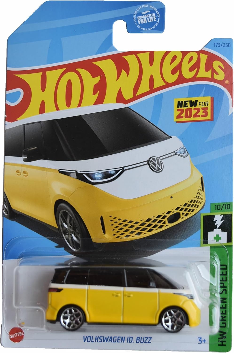 Hot Wheels Volkswagen ID Buzz yellow side view for display and collection.