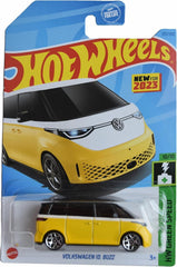 Hot Wheels Volkswagen ID Buzz yellow side view for display and collection.