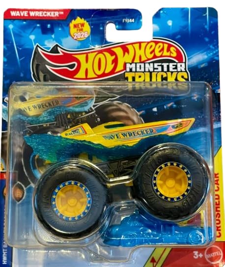 Hot Wheels Wave Wrecker yellow diecast with crushed car, ideal for display and collection