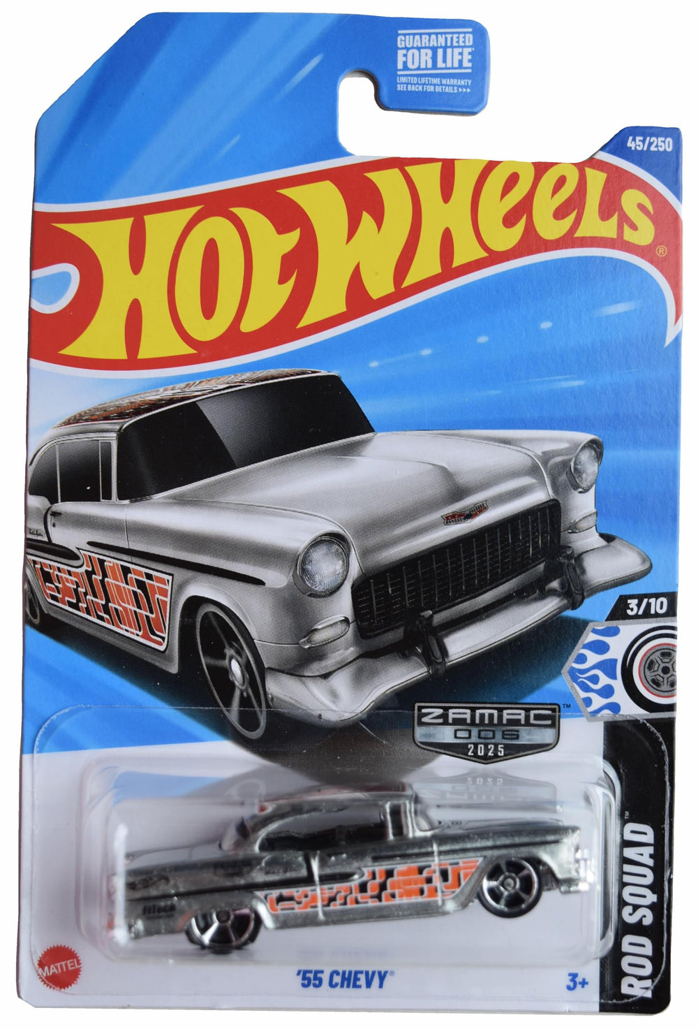 Hot Wheels Zamac '55 Chevy Rod Squad in silver, ideal for display and collection