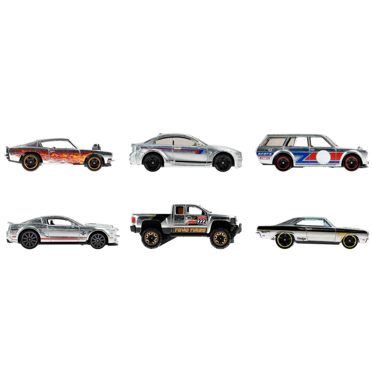 Hot Wheels Zamac multipack: six 1:64-scale cars with authentic decos for display or play.